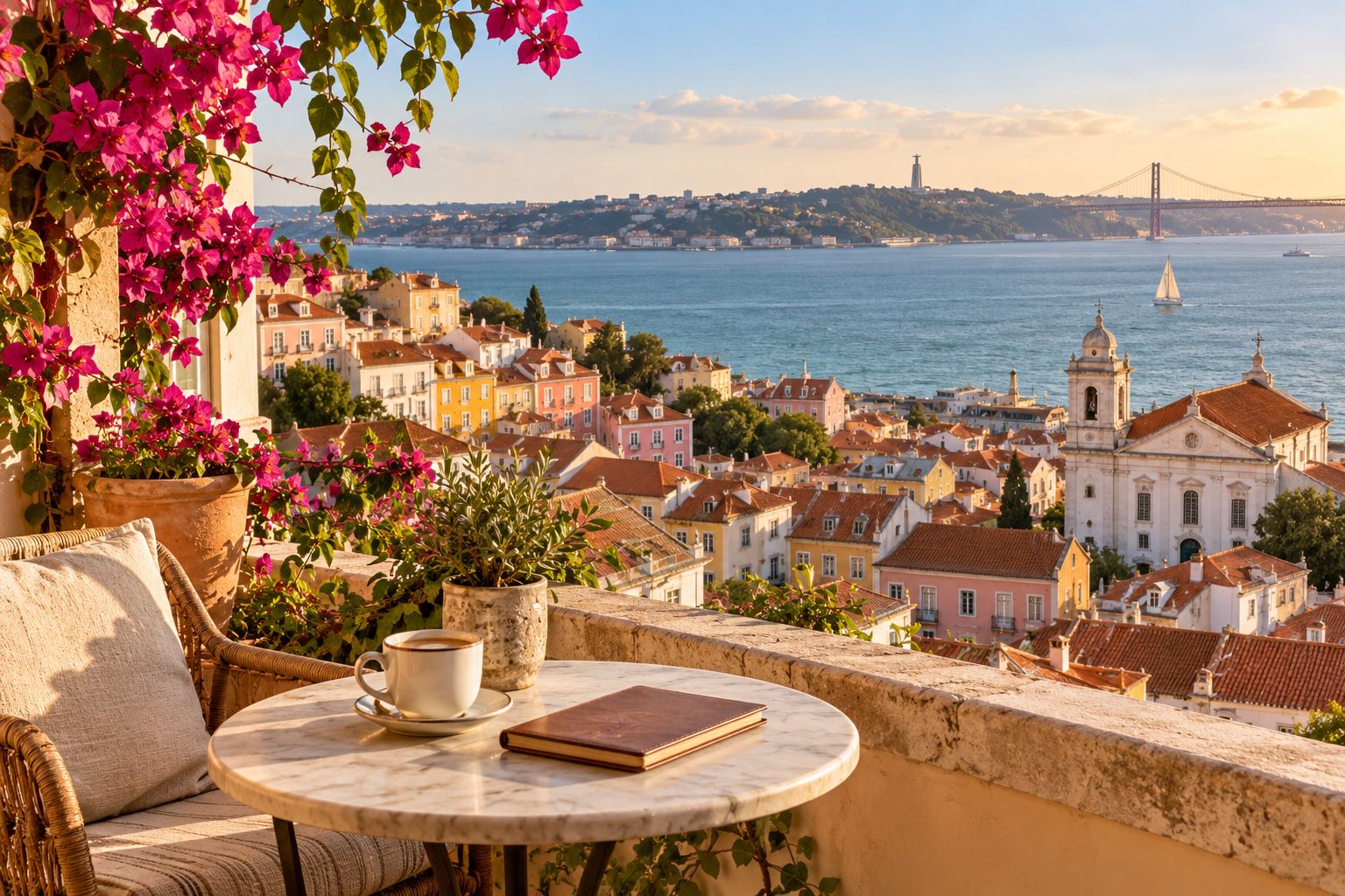 Sunlit terrace with coffee overlooking a Portuguese-inspired riverside town
